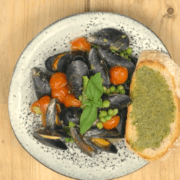 pesto mussels on toast